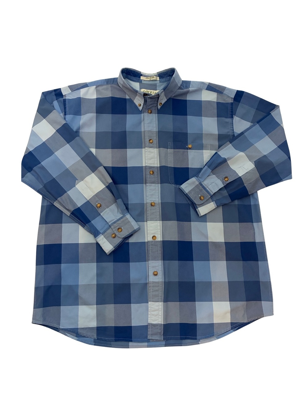 Orvis Men’s XL Blue Gray Plaid Button Down Shirt 100% Cotton Long Sleeve